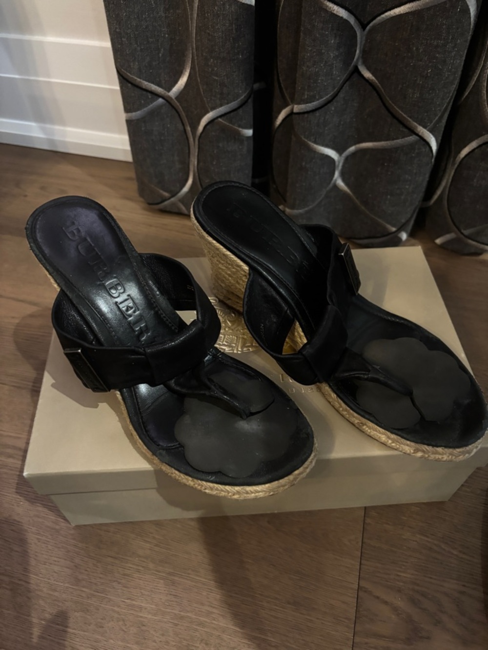 Burberry Black Leather Espadrille Wedge Sandals